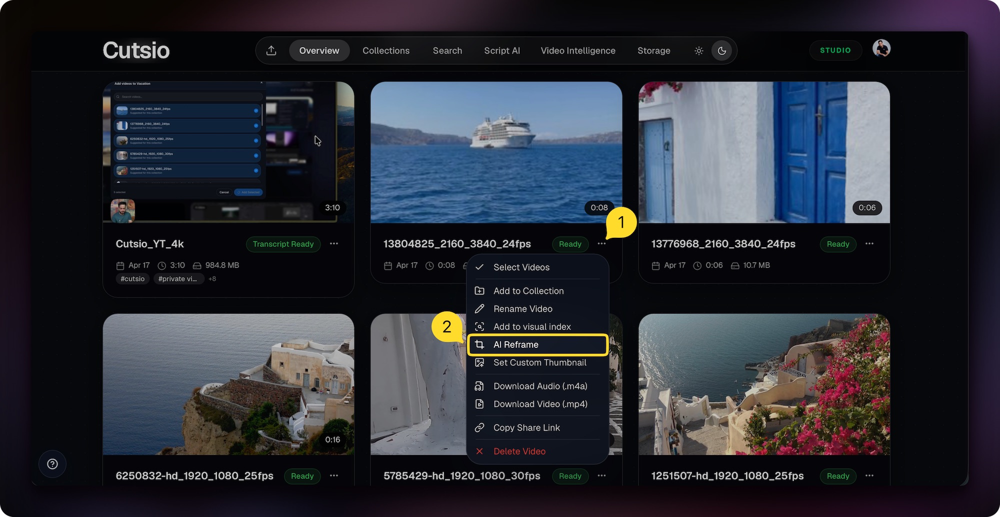 AI Reframe button in the Cutsio dashboard video player
