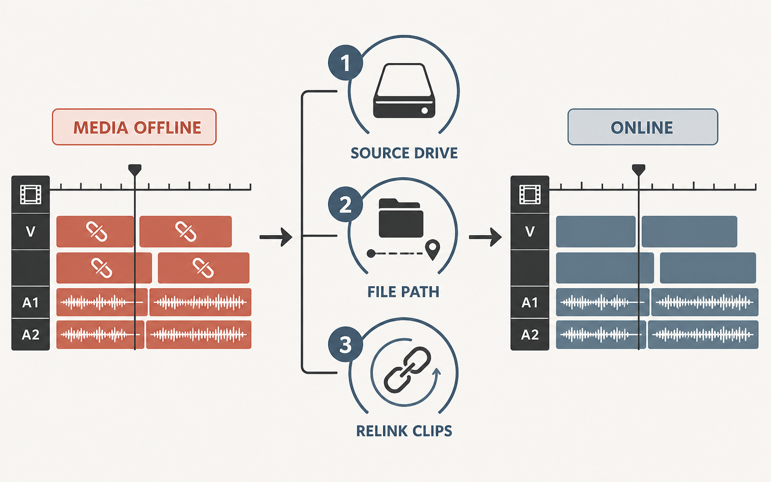 DaVinci Resolve Media Offline workflow from source drive and file path checks to relinking clips