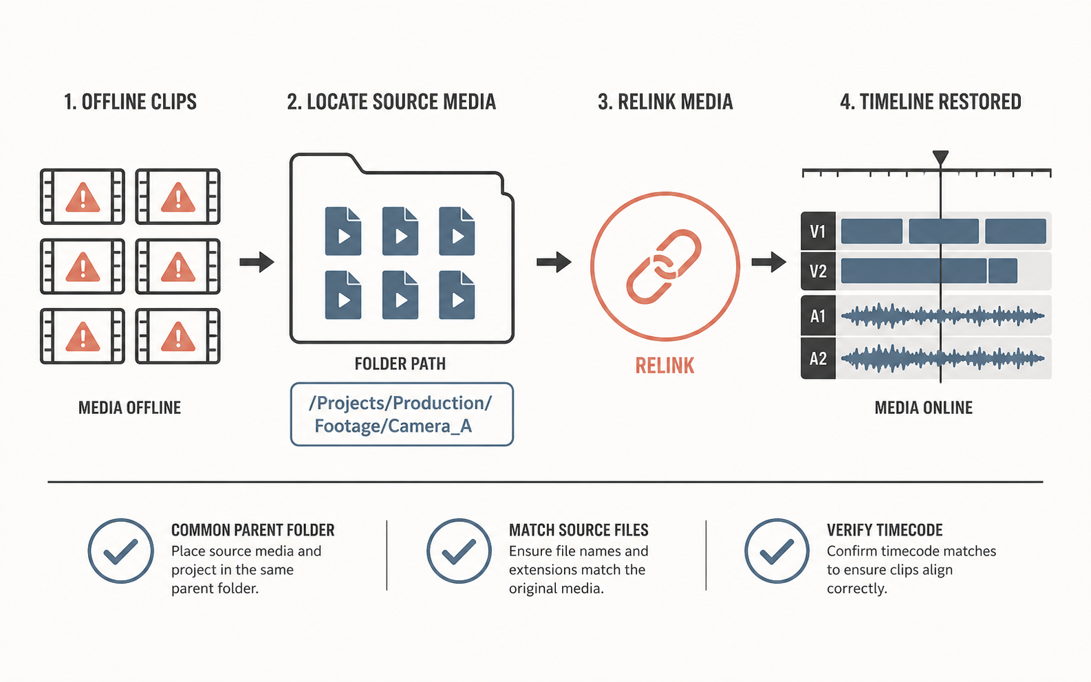 DaVinci Resolve relink-media workflow from offline clips to source folder, relink action, and restored timeline