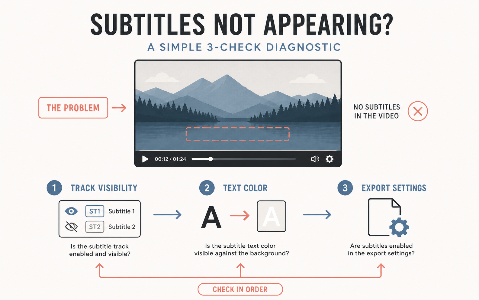 Three-check diagnostic for subtitles missing in DaVinci Resolve: track visibility, text color, and export settings